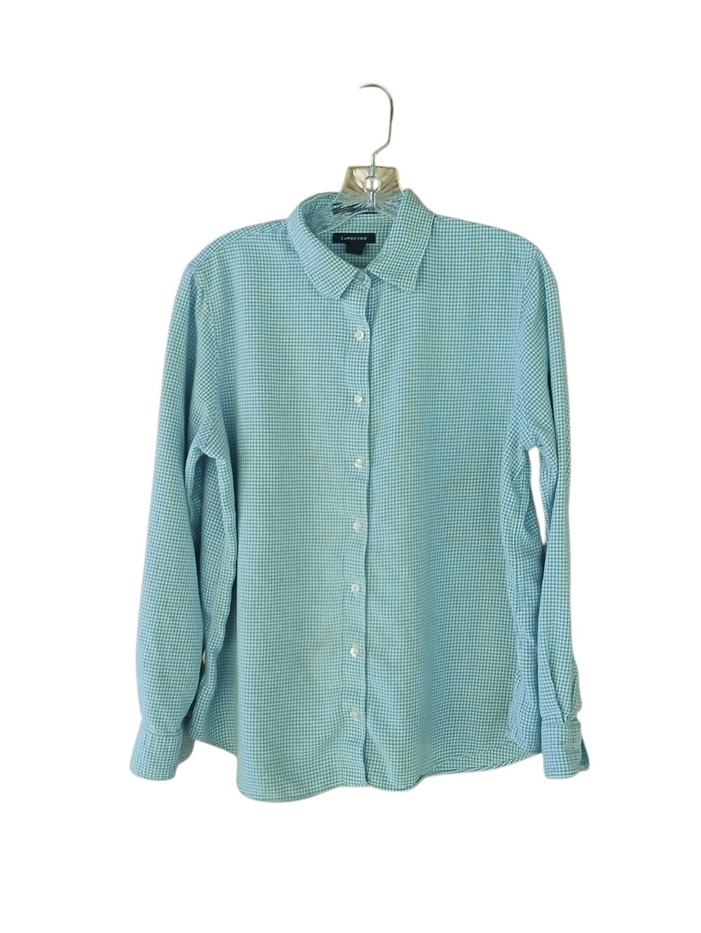 Lands' End Light Blue Houndstooth Portuguese Flannel Shirt Large